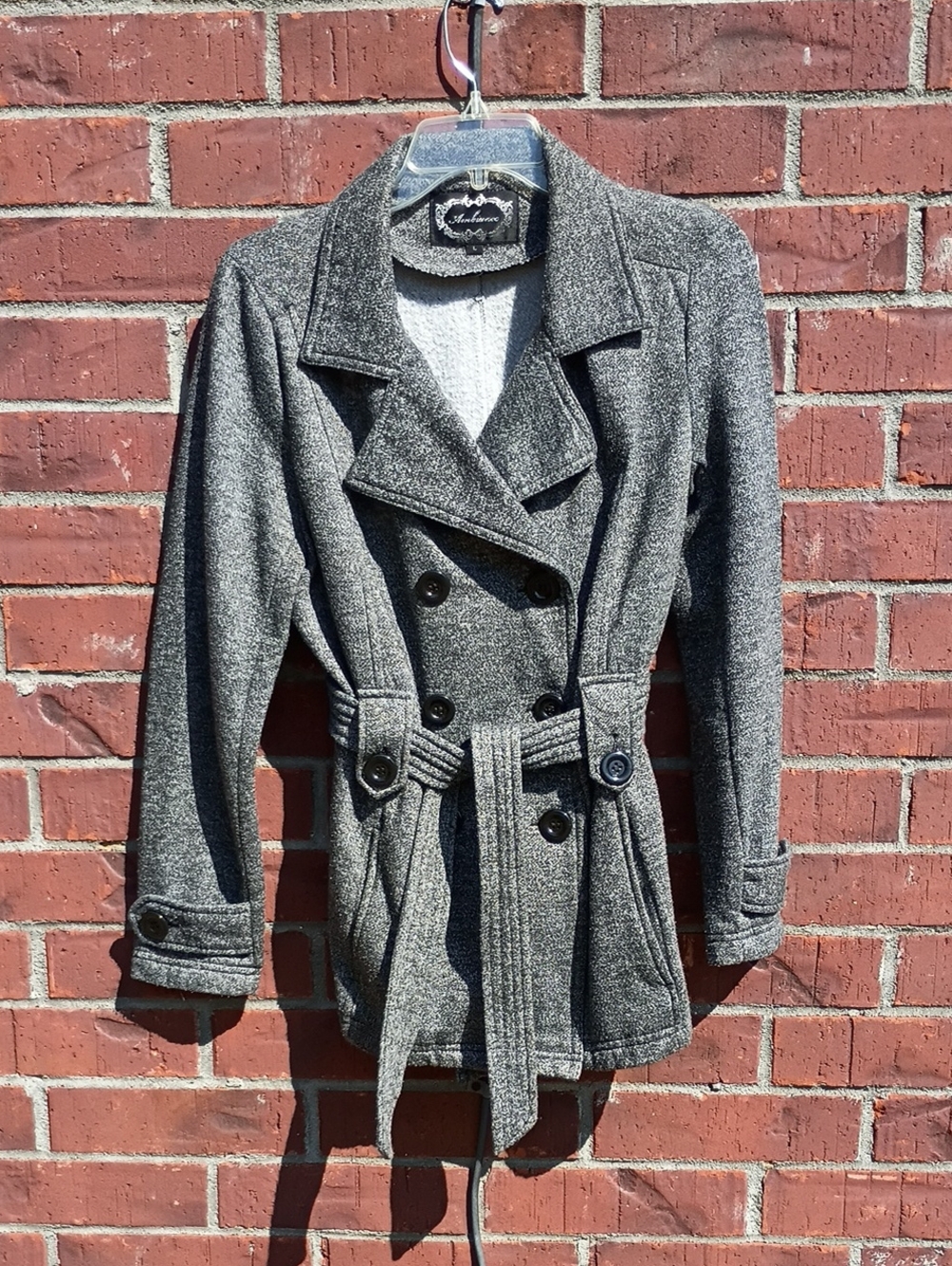Ambiance Women's Gray Double-Breasted Pea Coat with Belt